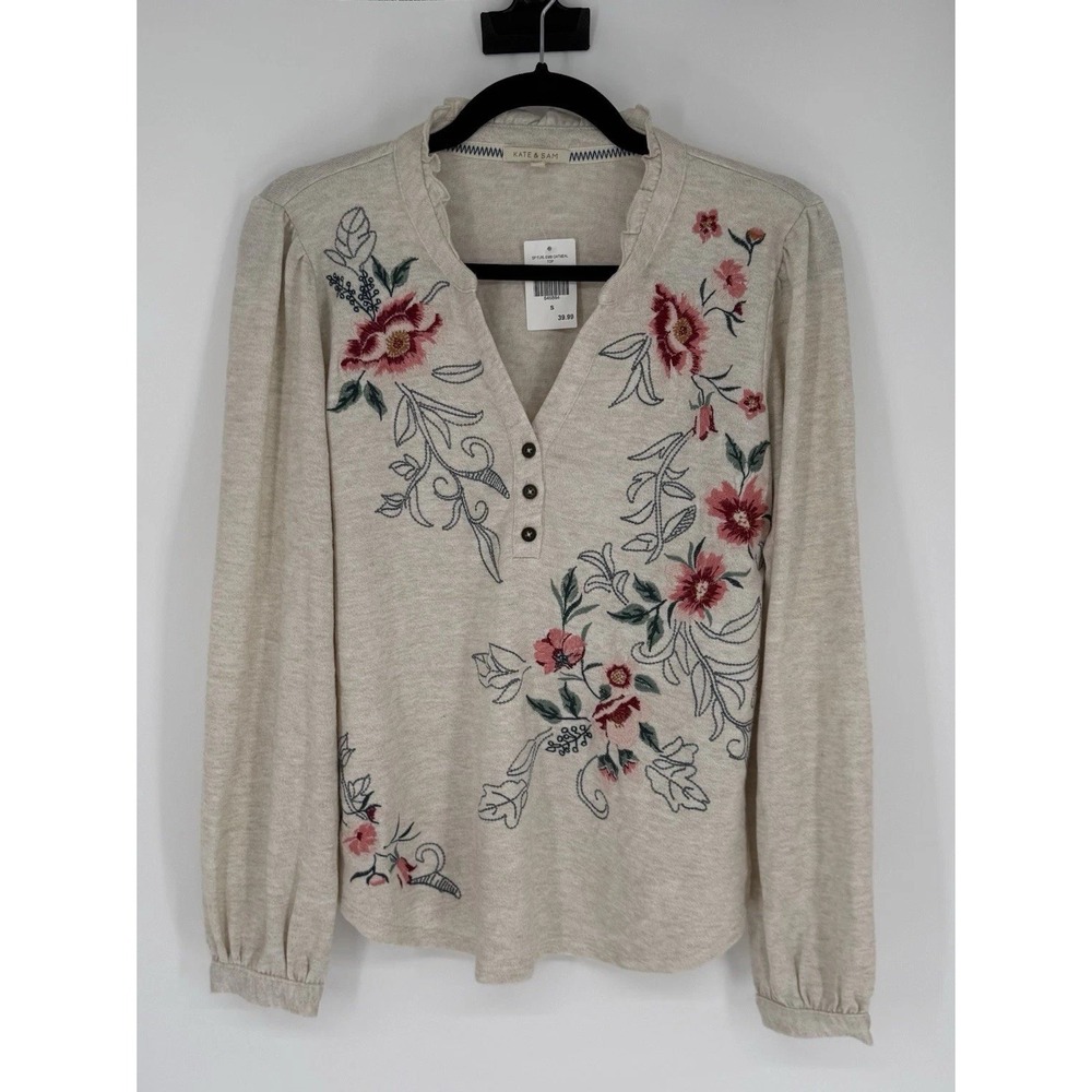 Kate & Sam Floral Henley Knit Top Women S Oatmeal Pink Embroidered Ruffle V Neck
